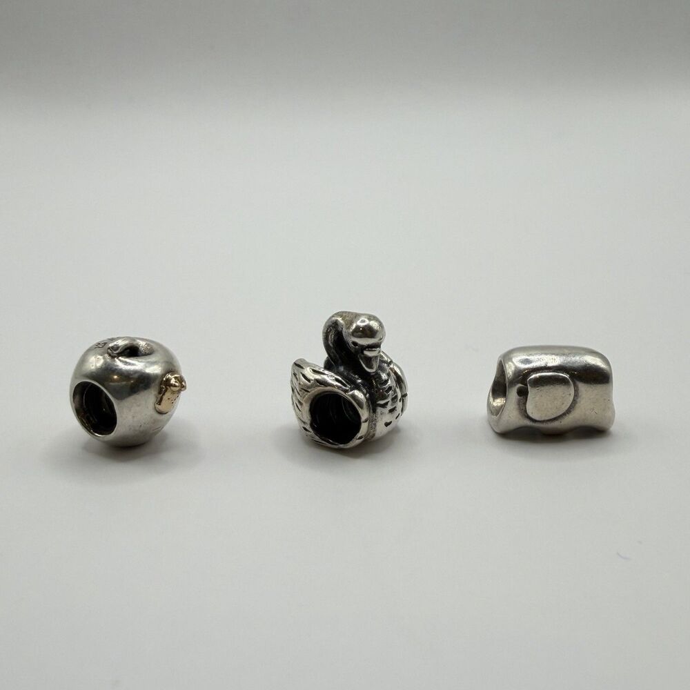 Pandora 925 Sterling Silver Charm Lot Swan Elephant Apple Worm 10.5g - Picture 2 of 8